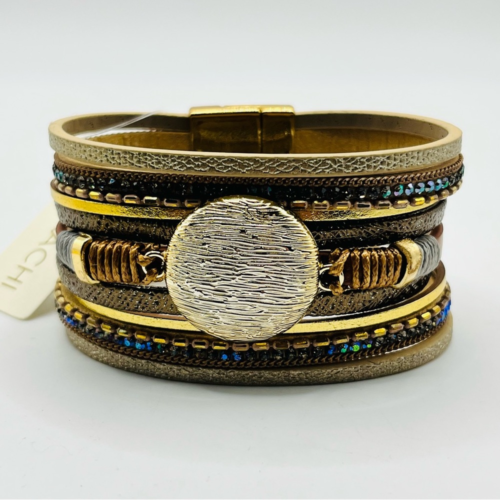 New SAACHI Fiery Copper Leather Bracelet Blue Stones 6.5” wrist - Picture 2 of 4